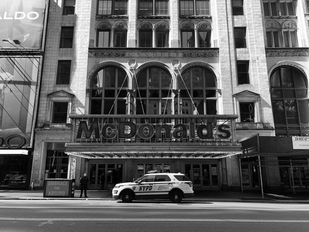 A photo of McDonald's 42nd Street, 5/12/2020 in black and white