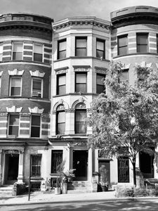 A photo of Harlem Townhouses, 5/30/2020 in black and white