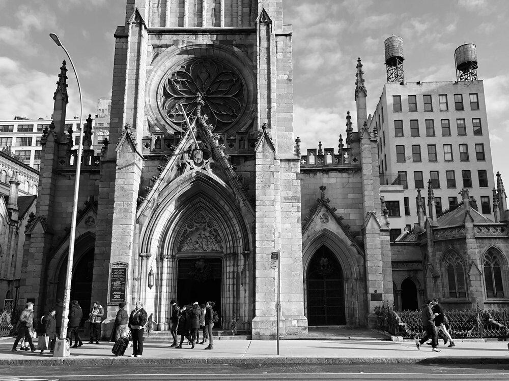 A photo of Grace Church, Broadway, 12/31/2019 in black and white