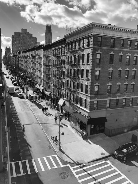 A photo of Broadway at Tiemann Place, Morningside Heights, 1/26/2020 in black and white