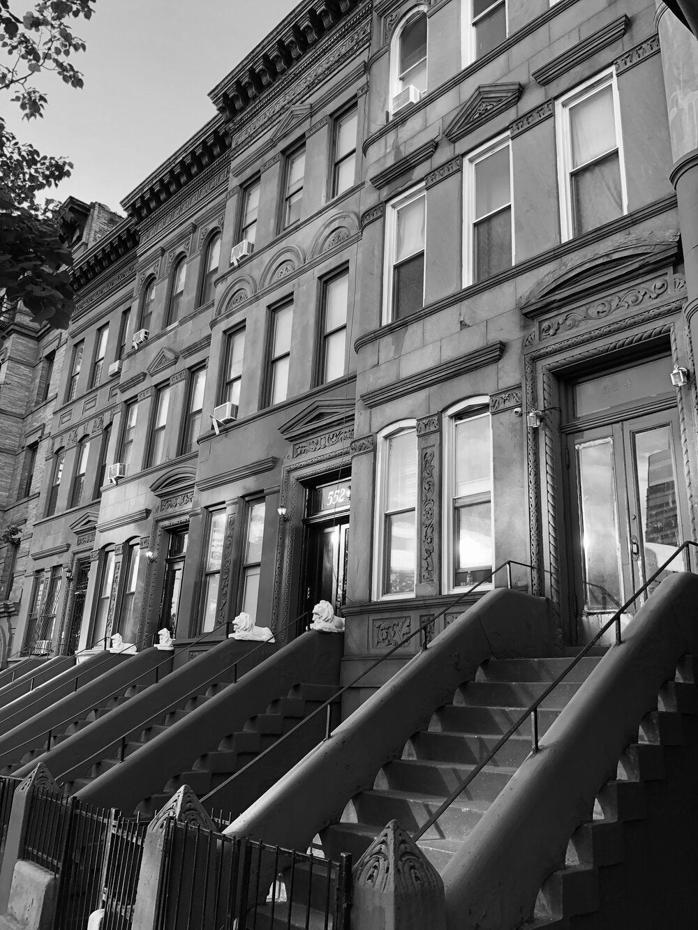 A photo of Washington Heights Brownstones, 7/14/2020 in black and white