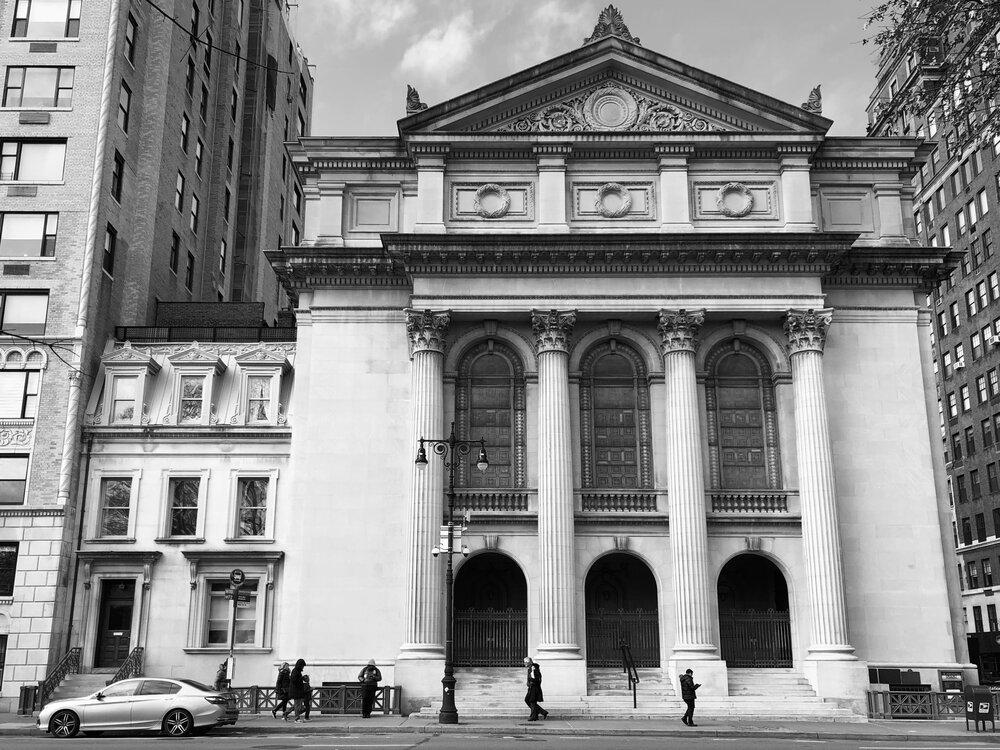 A photo of Congregation Shearith Israel, Central Park West, 2/9/2020 in black and white