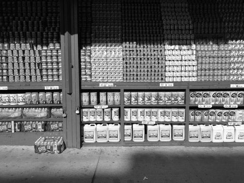 A photo of Grocery Stand, Inwood, 2/14/2020 in black and white